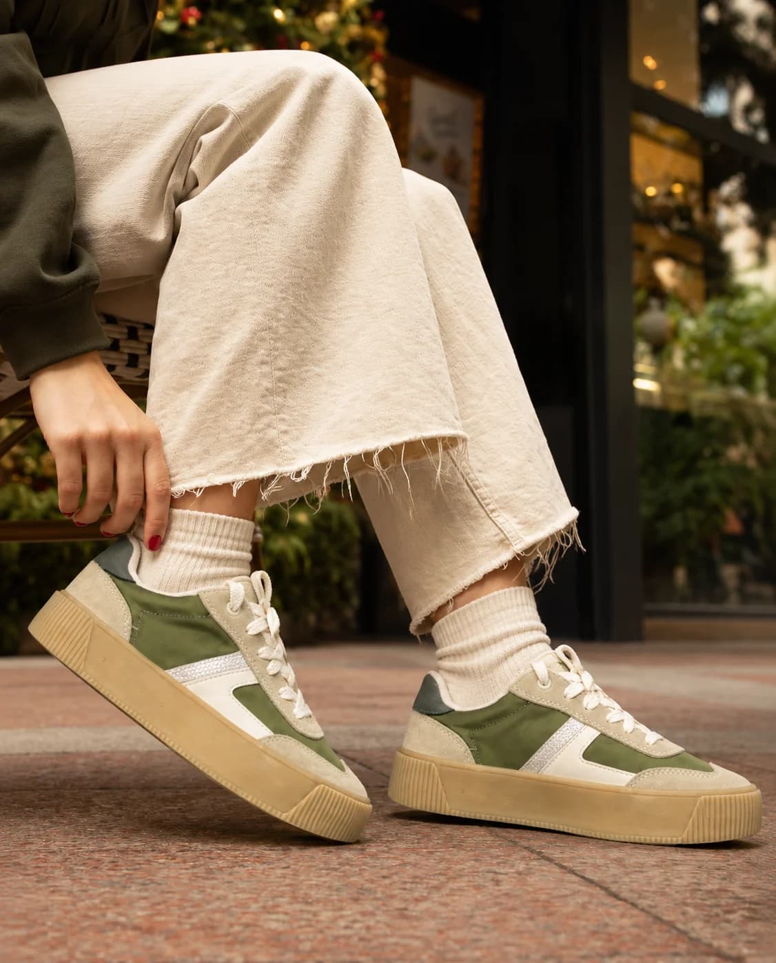 Stradivarius Olive Green & Beige Chunky Platform Sneakers